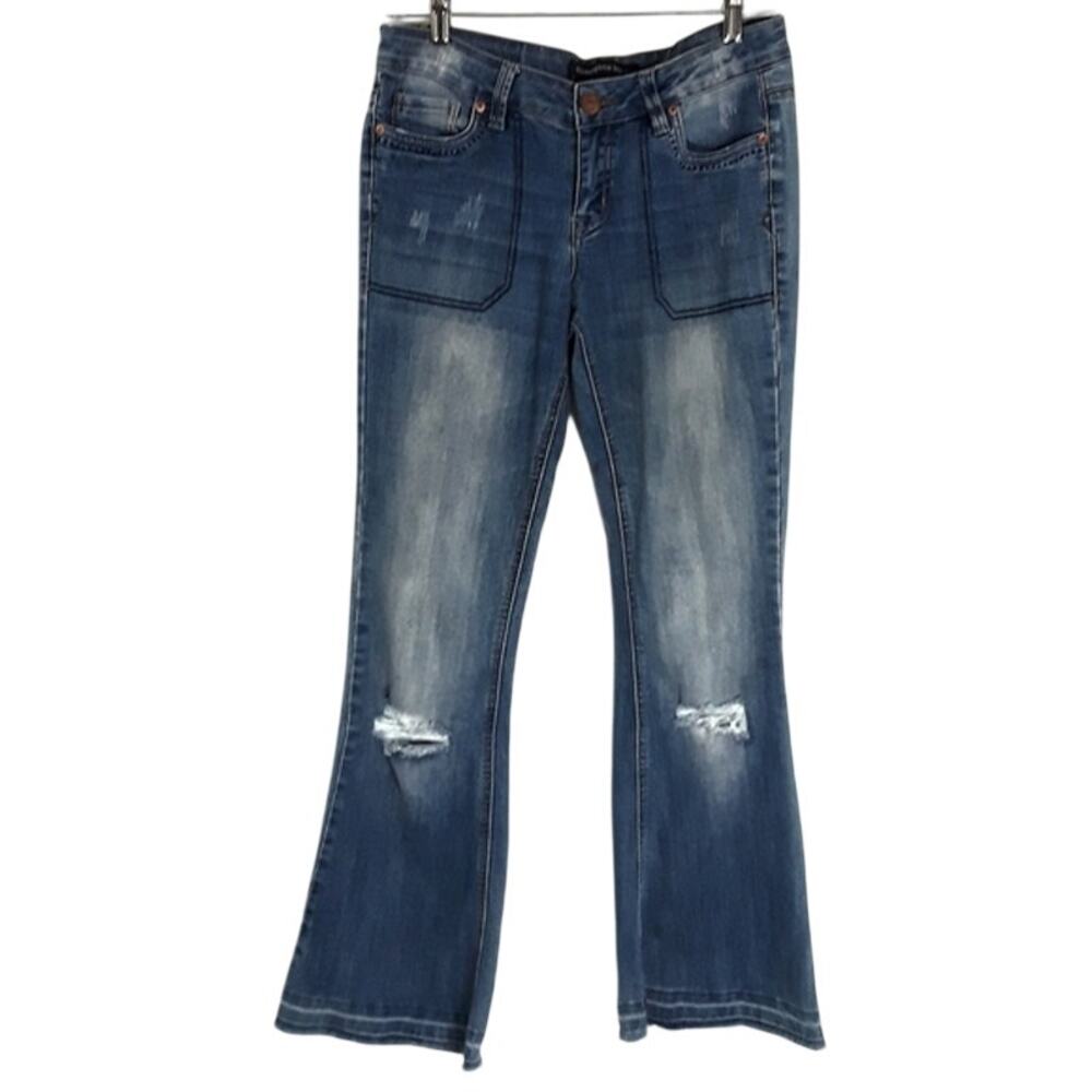 TWENTYONE BLACK Mid Rise Flared Denim Jeans Size 3/4 Juniors Distressed Grunge